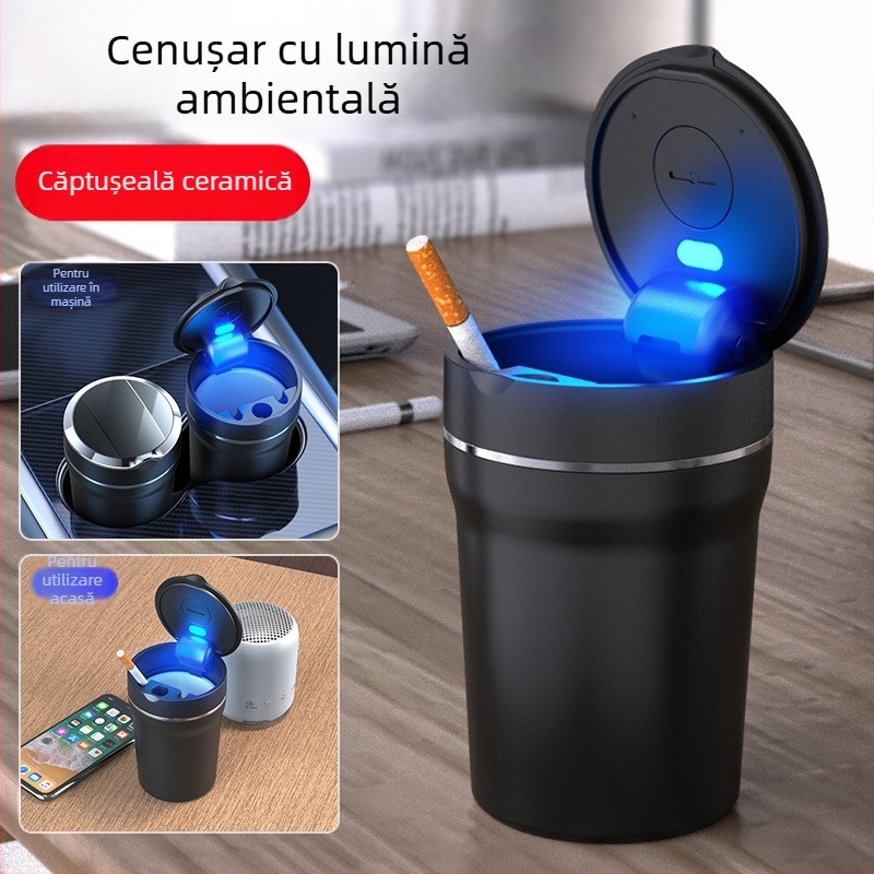 Scrumieră auto din ceramică cu LED, strat interior ignifug și capac