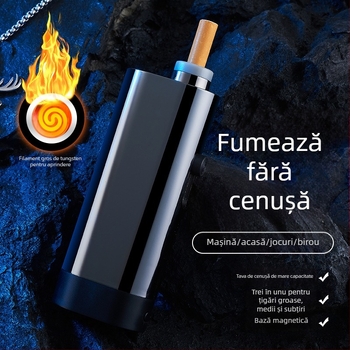 Scrumiieră de mașină cu păstrare sigură a cenușei, suport practic pentru țigări, aprindere cu un singur buton și brichetă reîncărcabilă.
