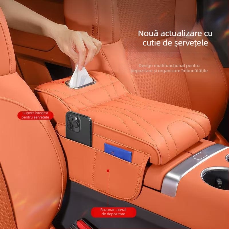 Organizator universal pentru cotiera auto cu pernă de ridicare, cutie pentru șervețele și husă de protecție pentru depozitare