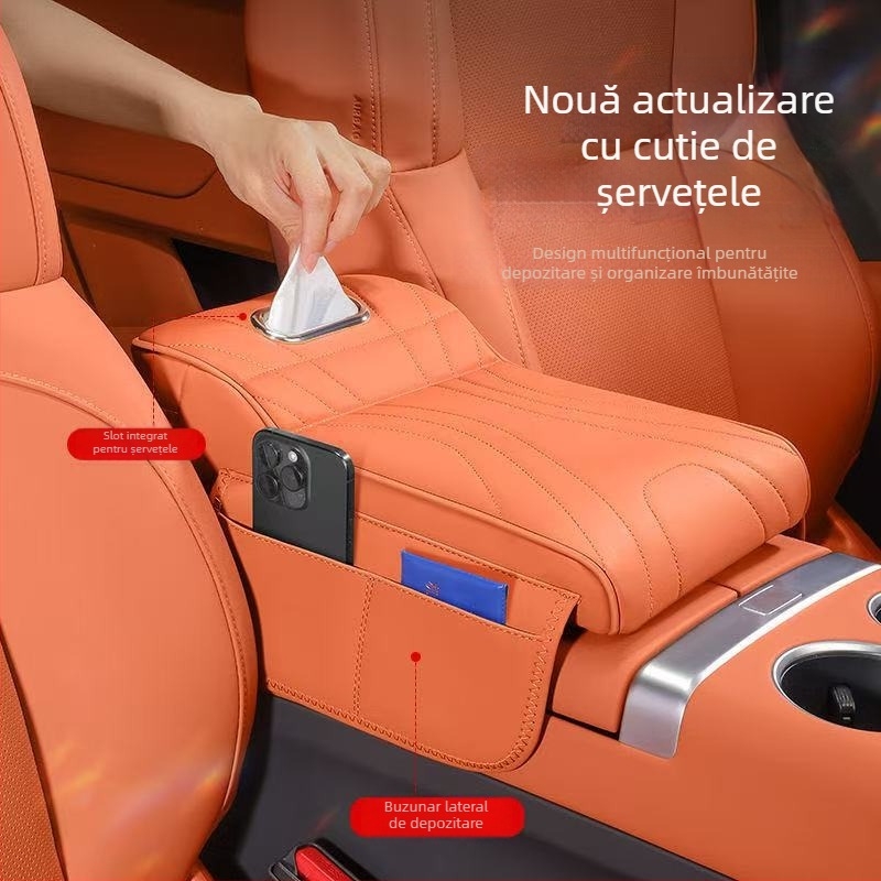 Organizator universal pentru cotiera auto cu pernă de ridicare, cutie pentru șervețele și husă de protecție pentru depozitare