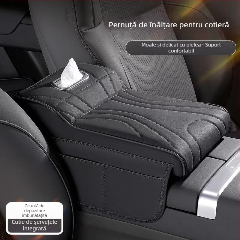 Organizator universal pentru cotiera auto cu pernă de ridicare, cutie pentru șervețele și husă de protecție pentru depozitare