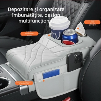 Padă de înălțare pentru cotieră auto cu husă centrală de protecție, organizator pentru șervețele și suport pentru pahare