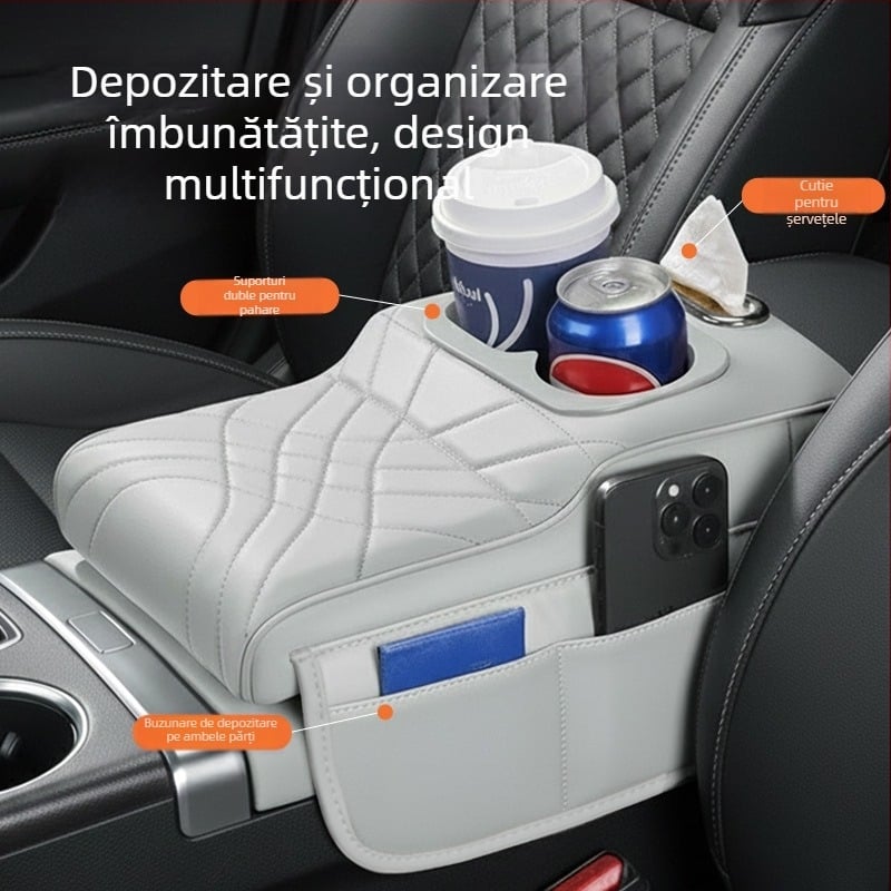 Padă de înălțare pentru cotieră auto cu husă centrală de protecție, organizator pentru șervețele și suport pentru pahare