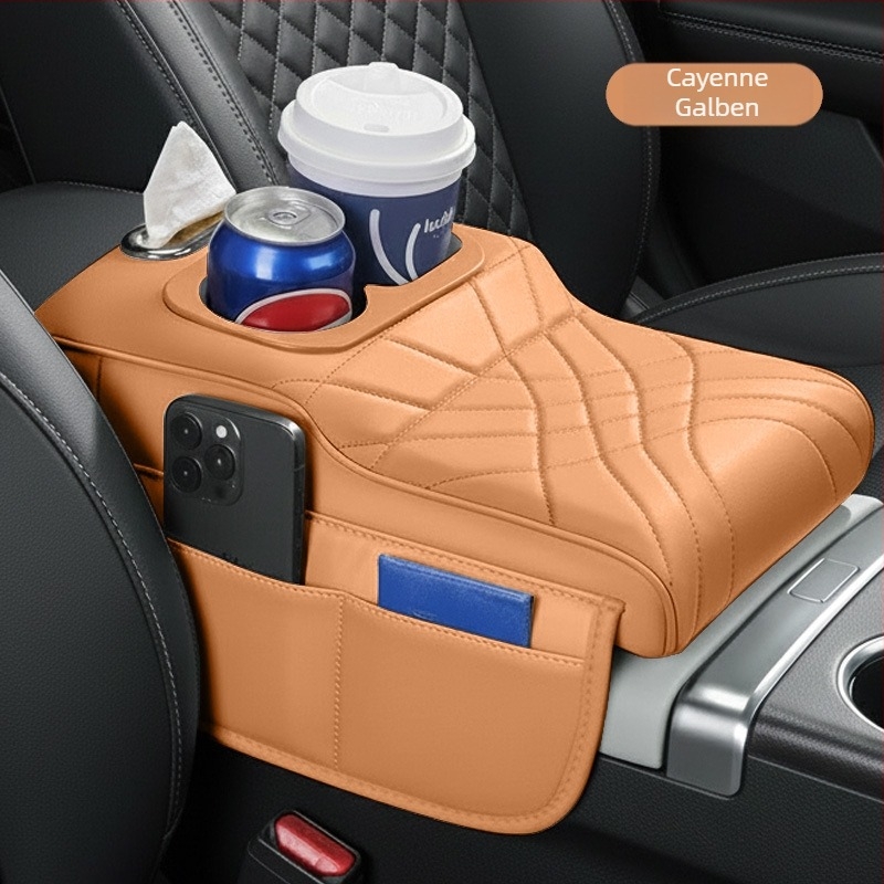 Padă de înălțare pentru cotieră auto cu husă centrală de protecție, organizator pentru șervețele și suport pentru pahare