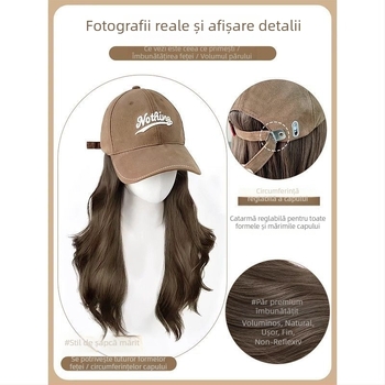 Perucă feminină cu păr lung buclat, șapcă baseball integrată, aspect natural din păr sintetic