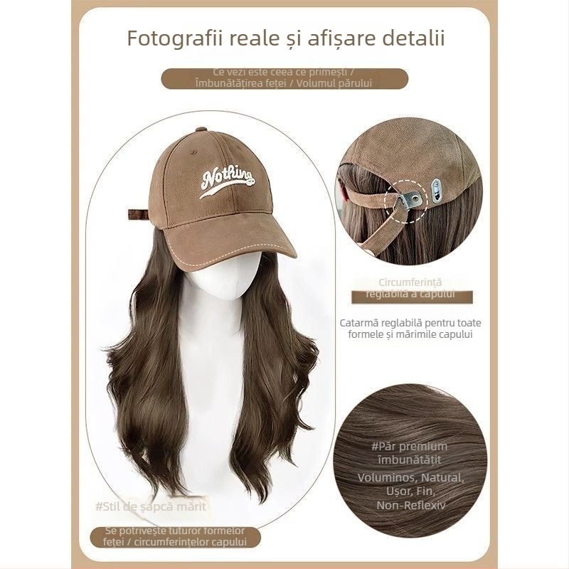 Perucă feminină cu păr lung buclat, șapcă baseball integrată, aspect natural din păr sintetic