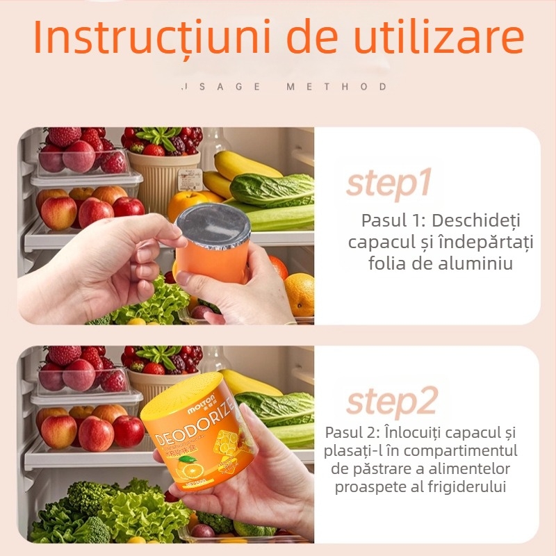 Deodorizant de frigider cu cărbune activ și extracte din plante, eliminarea mirosurilor, purificare, parfum portocaliu, 150 g