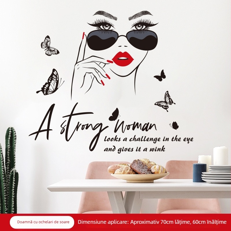 Autocolante decorative de perete cu un motto inspirațional în engleză și un motiv cu fată în ochelari pentru living, dormitor și dining; PVC, decal perete în stil oglindă, 5+ bucăți, personalizabil