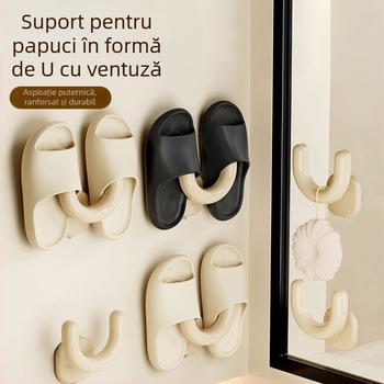 Raft pentru papuci cu ventuze, pentru baie, montaj pe perete fără găuri, spațiu de drenaj și depozitare