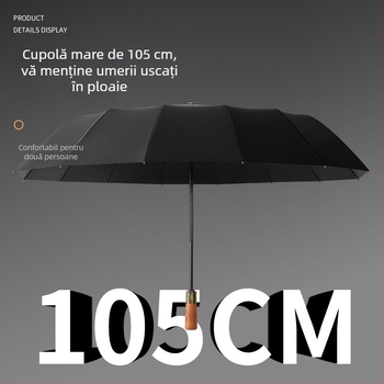 Umbrelă automată pliabilă cu mâner din lemn, 12 brațe, rezistență la vânt, protecție UV, umbrelă publicitară