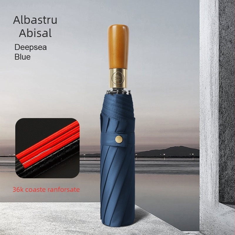 Umbrelă automată pliabilă cu mâner din lemn, 12 brațe, rezistență la vânt, protecție UV, umbrelă publicitară
