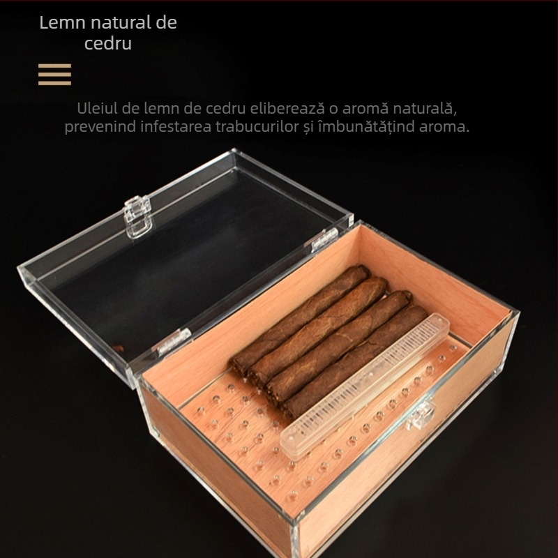 Humidor pentru țigări cu construcție din acrilic și lemn de cedru, capacitate mare, corp transparent