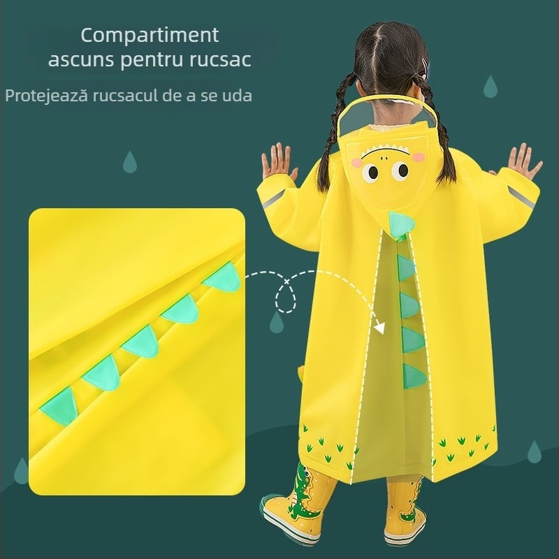Pelerină de ploaie EVA pentru copii, cu design desen animat, drăguț și mai groasă, cu nasturi snap, rucsac 3D, benzi reflectorizante și margine lată a glugii