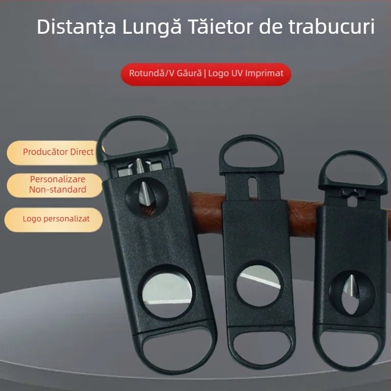 Tăietor de trabucuri din plastic cu perforator pentru găuri, lung, negru, în formă de V, cu dublă funcție