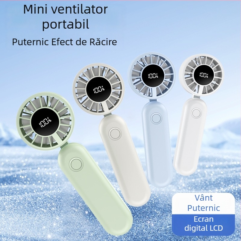 Ventilator de birou cu afișaj digital, pliabil, USB, portabil, ventilator de mână cu viteză mare (5 palete, baterie încorporată 1200–2000 mAh)