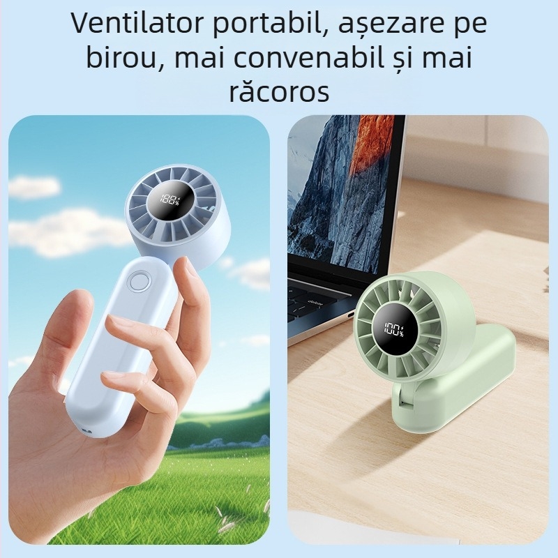 Ventilator de birou cu afișaj digital, pliabil, USB, portabil, ventilator de mână cu viteză mare (5 palete, baterie încorporată 1200–2000 mAh)