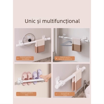 Raft de baie fără găuri cu suport adeziv puternic pentru prosoape, bară de prosoape extensibilă și tijă pentru perdea de duș