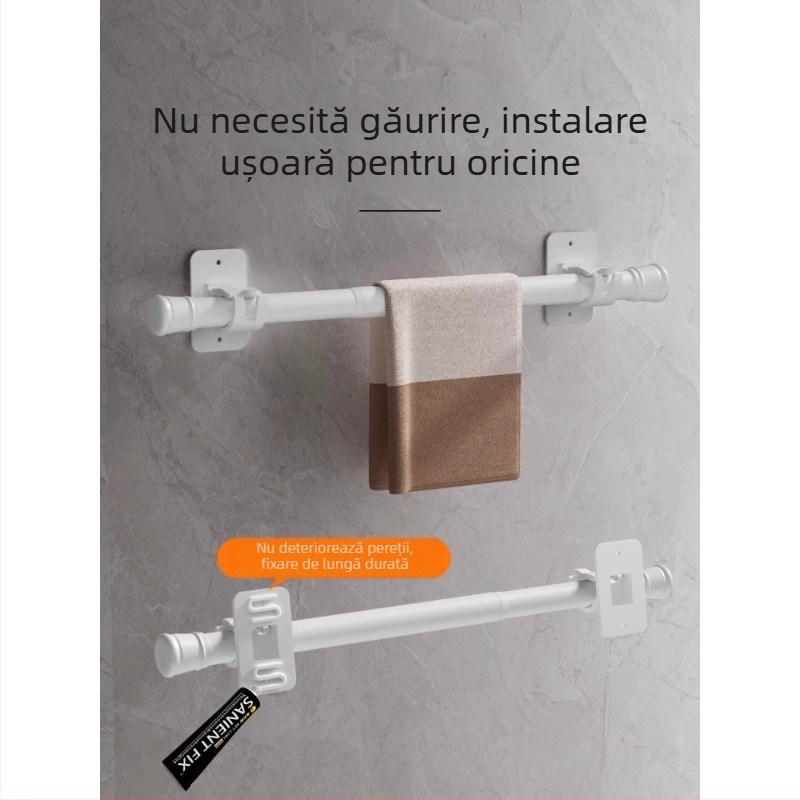 Raft de baie fără găuri cu suport adeziv puternic pentru prosoape, bară de prosoape extensibilă și tijă pentru perdea de duș