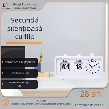 Ceas de birou cu calendar și afișaj săptămânal, mișcare silențioasă, alimentare cu baterii