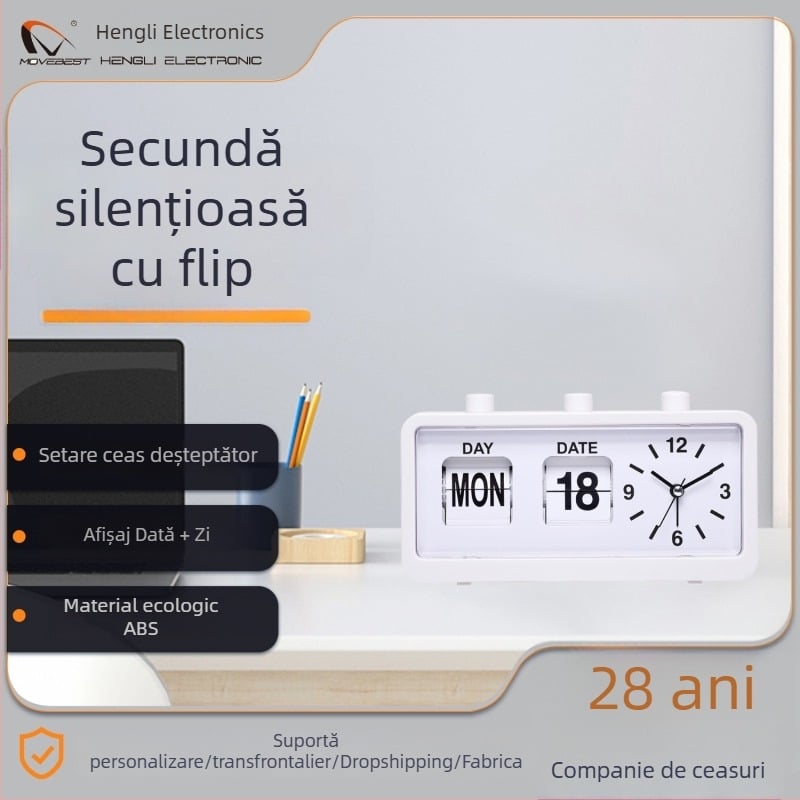 Ceas de birou cu calendar și afișaj săptămânal, mișcare silențioasă, alimentare cu baterii
