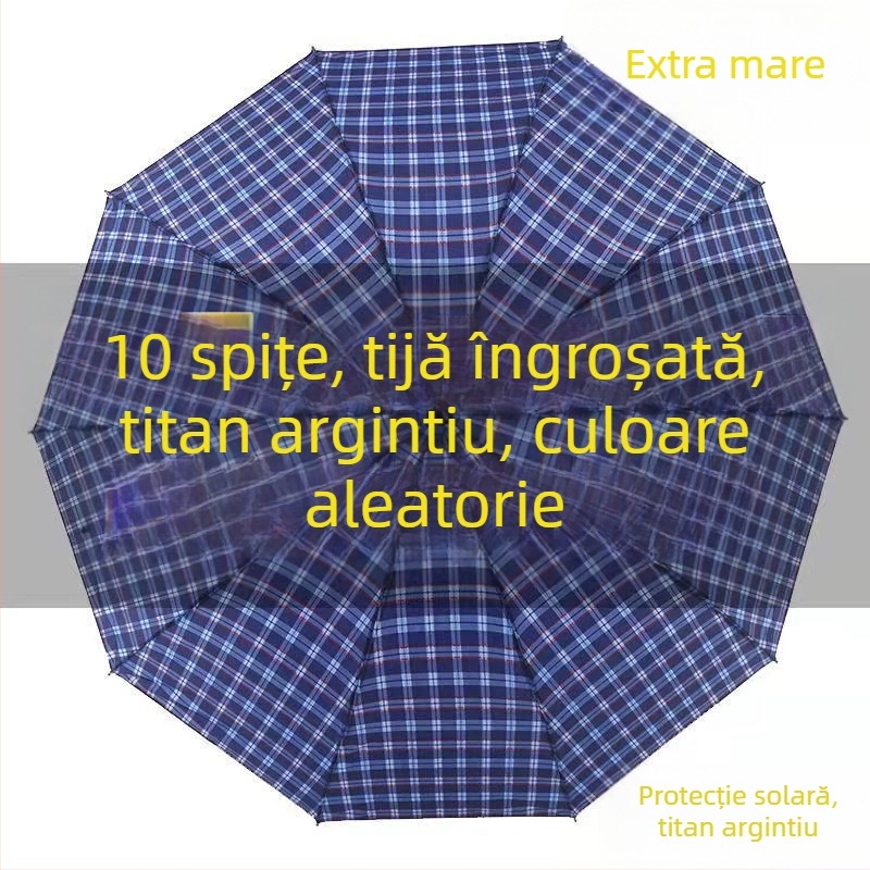 Umbrelă pliabilă extra mare, carouri, cu trei secțiuni, întărită, pentru bărbați și femei, UPF 40+