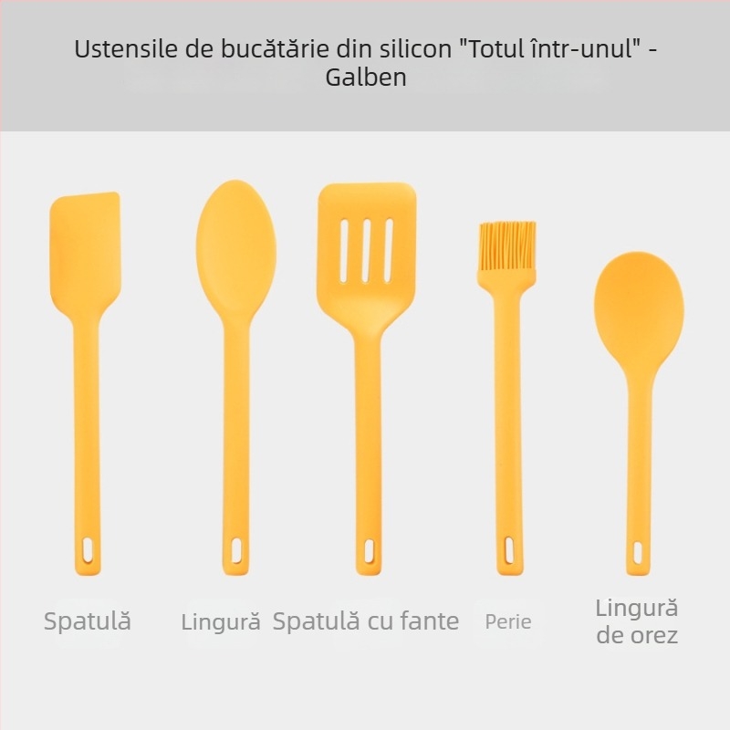 Set integrat din silicon pentru bucătărie: spatulă din silicon pentru tigărie antiaderentă, racletă din silicon, perie de uns, unelte pentru coacere
