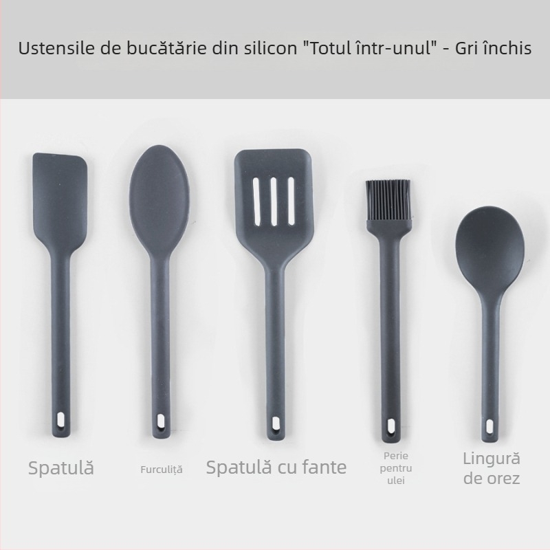 Set integrat din silicon pentru bucătărie: spatulă din silicon pentru tigărie antiaderentă, racletă din silicon, perie de uns, unelte pentru coacere
