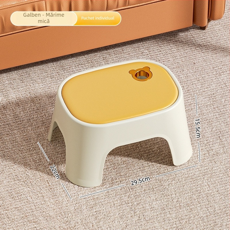 Taburet din plastic pentru uz casnic, cu construcție întărită, mic, antiderapant, pentru living.