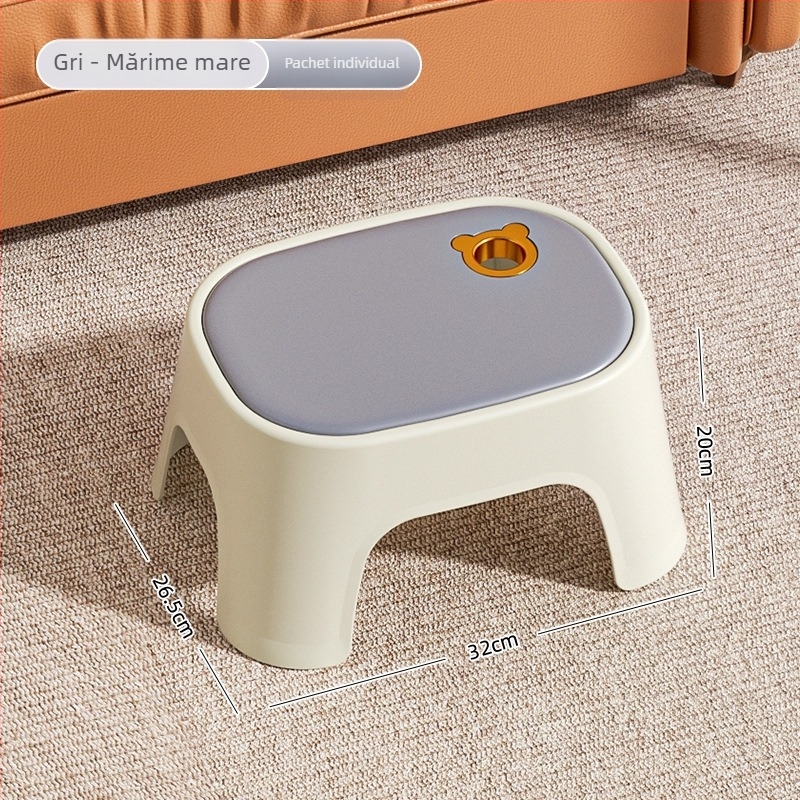 Taburet din plastic pentru uz casnic, cu construcție întărită, mic, antiderapant, pentru living.