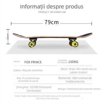 Skateboard cu rocker dublu, deck din aluminiu, antiderapant, patru roți