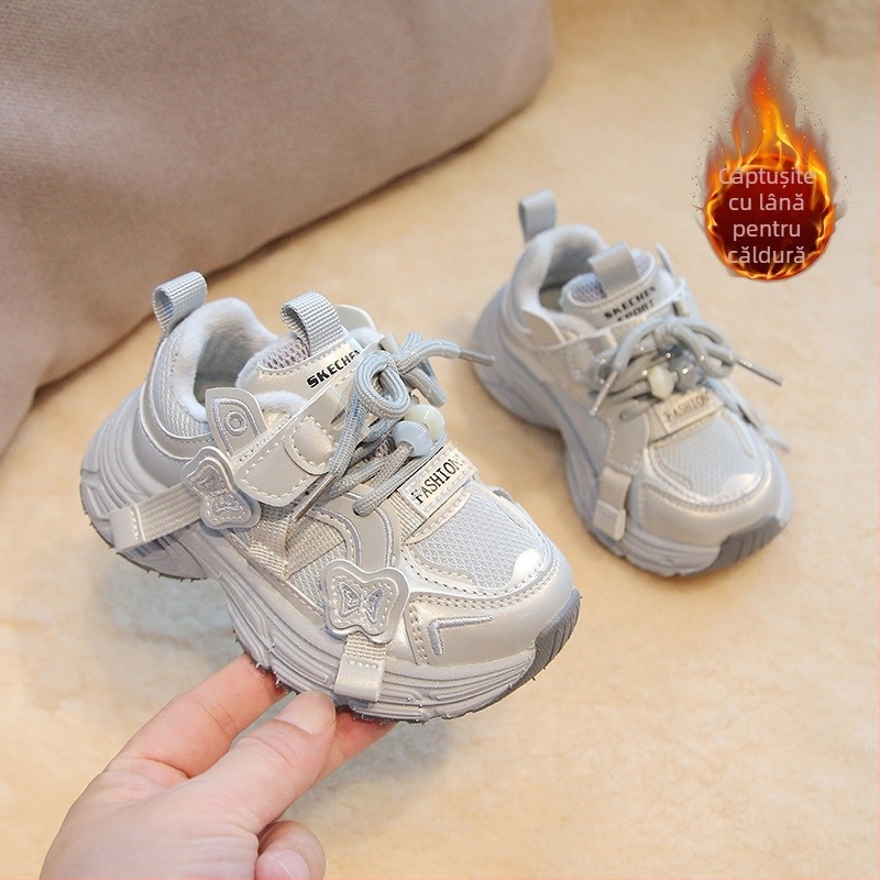 Pantofi de iarnă pentru fetițe 1–6 ani, căptuțiți cu fleece, talpă moale, ușori, adidași cu Velcro, design fluture