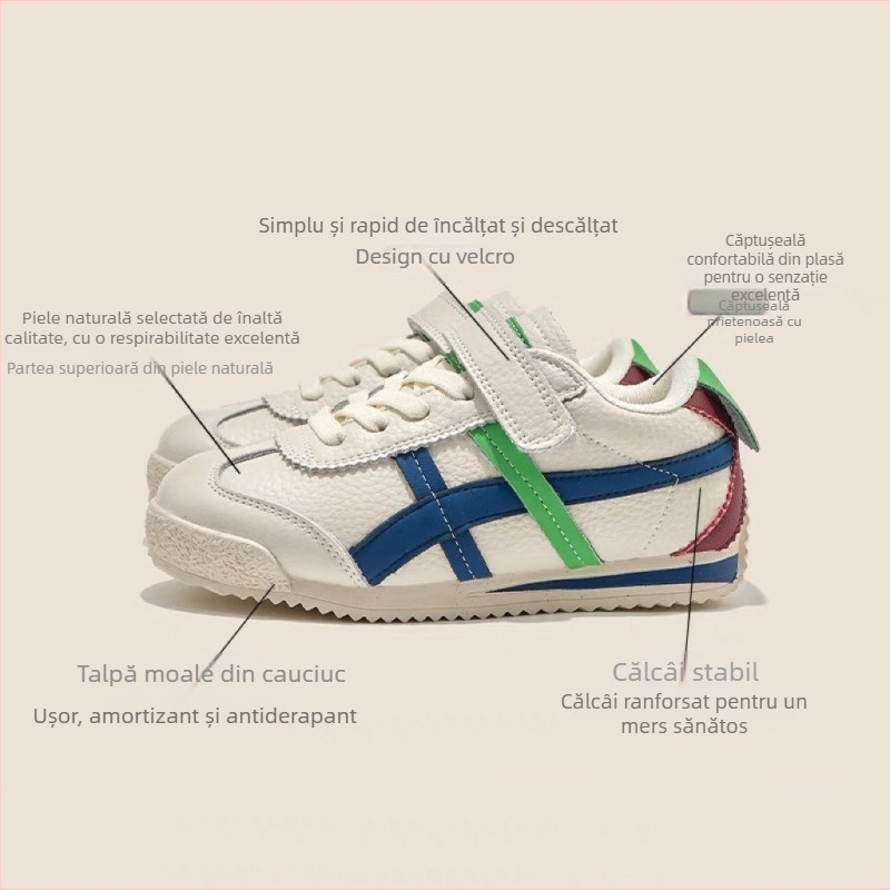 Pantofi din piele naturală pentru copii Forrest Gump – model primăvară-toamnă 2025, adidași albi unisex, talpă din cauciuc antiderapant