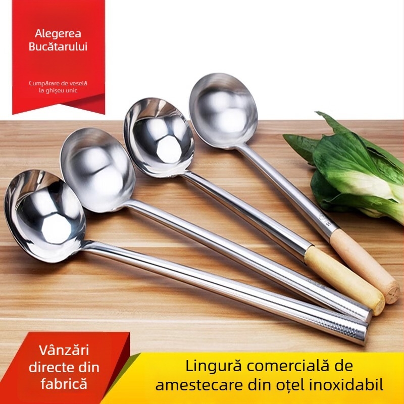 Lingură de bucătărie din oțel inoxidabil cu mâner din lemn sau oțel – lingură mare pentru prăjit, wok și tigaie