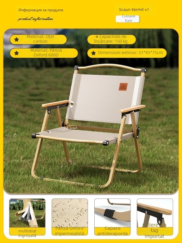 Kermit scaun pentru exterior: scaun pliabil pentru picnic și camping, scaun de pescuit, oțel carbon, masă și scaun Egg Roll, set portabil