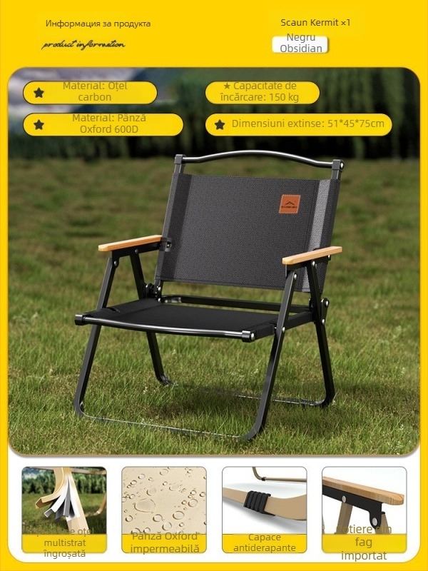 Kermit scaun pentru exterior: scaun pliabil pentru picnic și camping, scaun de pescuit, oțel carbon, masă și scaun Egg Roll, set portabil