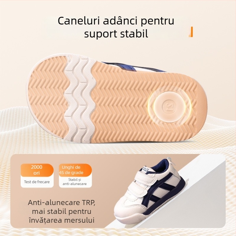 Pantofi sport pentru copii, toamna 2025, talpă moale, ușori, dungi, închidere Velcro