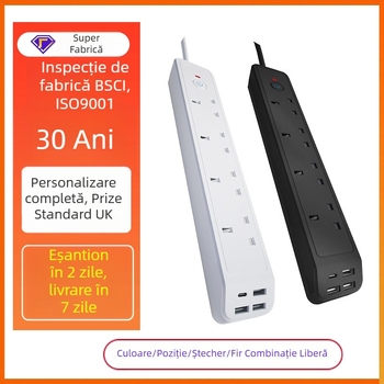 Prelungitor cu trei prize, standard britanic, încărcare rapidă USB PD, personalizare siglă