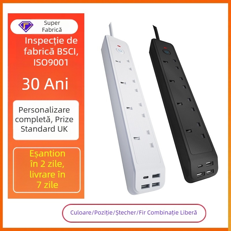Prelungitor cu trei prize, standard britanic, încărcare rapidă USB PD, personalizare siglă