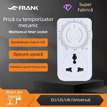 Priză universală cu împământare, 12 ore de temporizare, întrerupător și protecție la încărcare