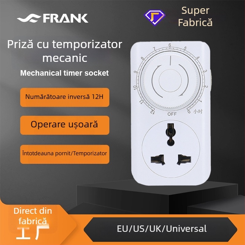 Priză universală cu împământare, 12 ore de temporizare, întrerupător și protecție la încărcare