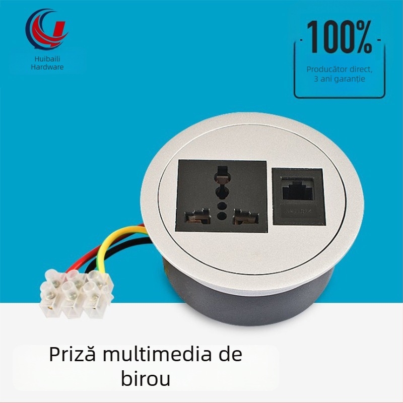 Cutie cu prize multifuncțională, tip priză rotundă, pentru mobilier de birou, multimedia, 80 birou calculator