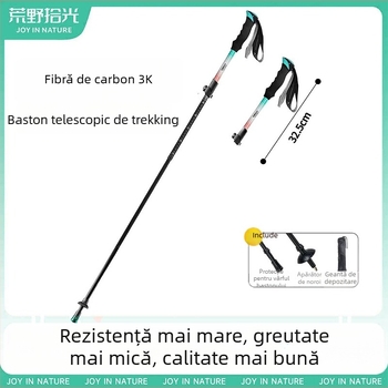 Baston de drumeție din fibră de carbon, trei secțiuni telescopice, ultra-ușor, pentru drumeții în aer liber, unisex
