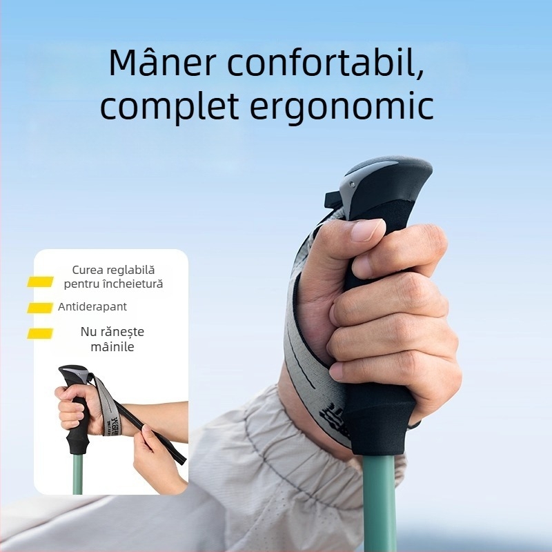 Baston de drumeție din fibră de carbon, trei secțiuni telescopice, ultra-ușor, pentru drumeții în aer liber, unisex