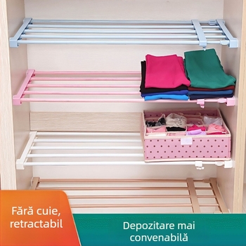 Raft de depozitare pentru garderobă cu separatoare pe mai multe niveluri, fără cuie și adeziv, raft extensibil pentru organizare în dulapuri și baie