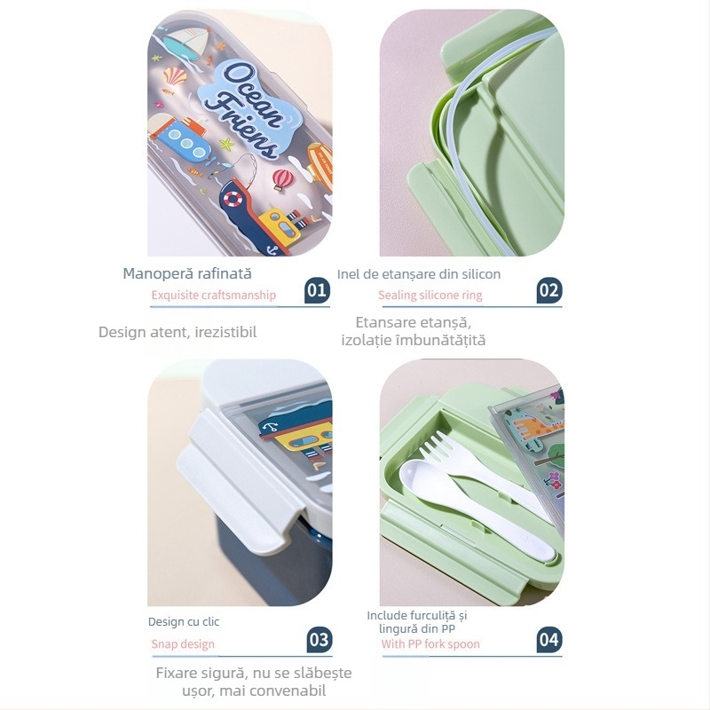 Cutie pentru prânz cu pahar de apă – set pentru elevi, tacâmuri incluse, plastic alimentar, compartimente separate, compatibilă cu cuptorul cu microunde