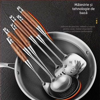 Set de ustensile de bucătărie din oțel inoxidabil: spatulă, lingură de supă, lingură cu găuri, lingură pentru orez și polonic