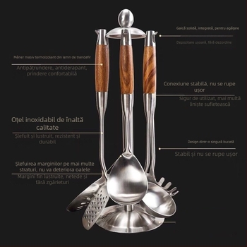 Set de ustensile de bucătărie din oțel inoxidabil: spatulă, lingură de supă, lingură cu găuri, lingură pentru orez și polonic