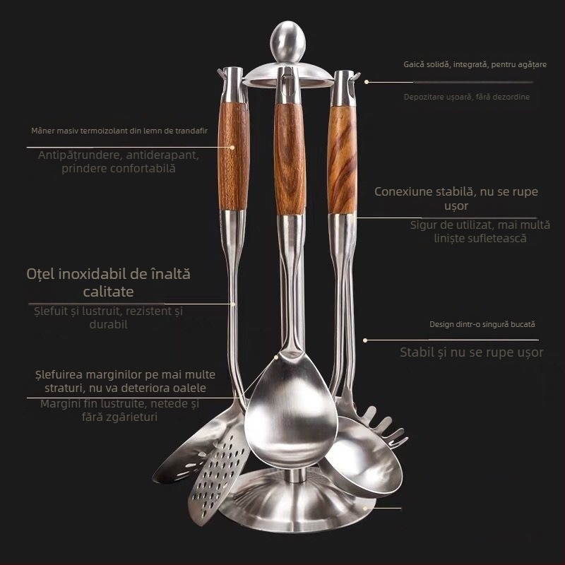 Set de ustensile de bucătărie din oțel inoxidabil: spatulă, lingură de supă, lingură cu găuri, lingură pentru orez și polonic