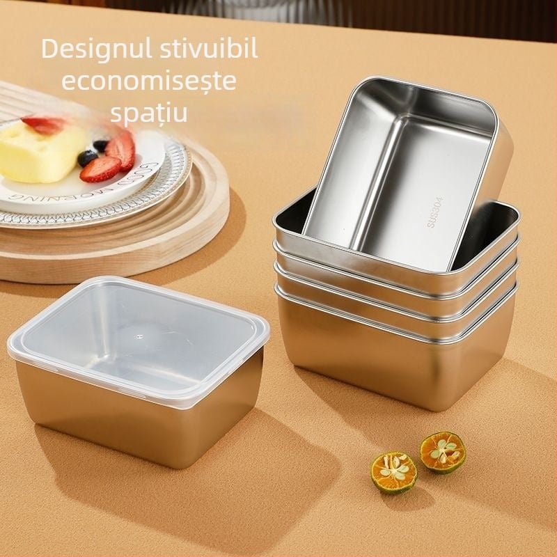 Cutie pătrată din oțel inoxidabil pentru depozitare alimentară, potrivită pentru frigider, pentru fructe și legume, mică