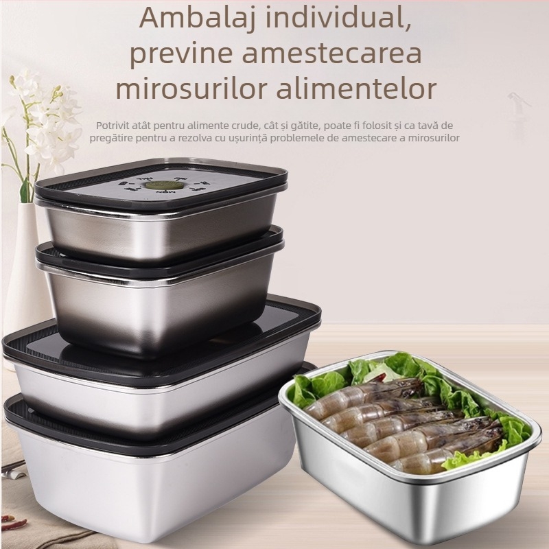 Cutie de depozitare a alimentelor din oțel inoxidabil 304, sigilare vacuum, păstrarea prospețimii, cutie pătrată pentru prânz, 800–1000 ml